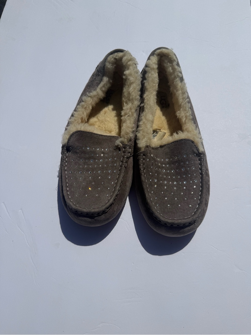 UGG Gray Suede Fleece-Lined Moccasins with Rhinestones